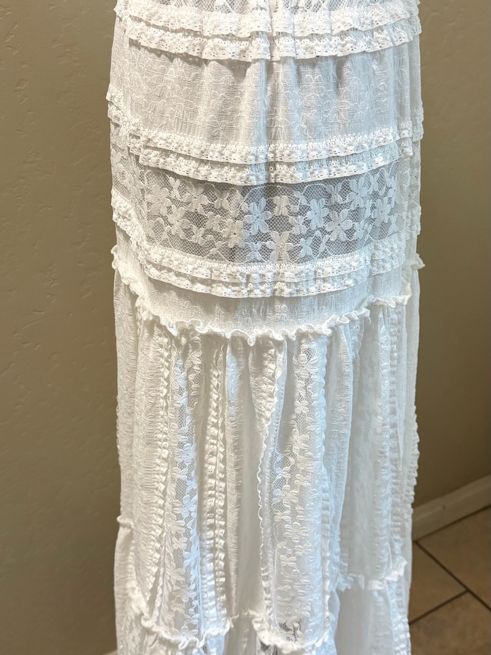 White Lace Tiered Maxi Skirt with Floral Panels